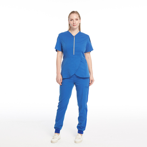 Costume de travail élégant pour femme, uniforme médical de gommage, ensembles de deux pièces, demi-fermeture éclair, ourlet à volants, pull, pantalon de jogging, Logo personnalisé - Product Image 3