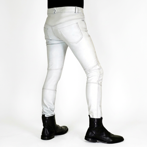 <b>Men's</b> White Genuine Sheep <b>Leather</b> Quilted Plus Size Moto Biker Pants Mid Waist Zipper Fly Breathable Straight Fit Winter Style - Product Image 2