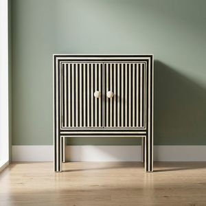 Mesita de Noche Artesanal Ecológica con Incrustaciones de Hueso, Diseño Moderno, Forma Redonda, Patrón de Rayas en Cascada - Product Image 3
