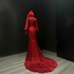 Vestido de Noche Rojo con Capucha Nt12, Manga Larga, Cuello en V Profundo, Estilo Sirena, de Seda, Elegante, para Eventos Formales, Jancember - Product Image 4
