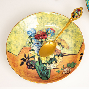 Assiette en céramique SFB113 Van Gogh Almond Blossom avec cuillère dorée, plat décoratif, vaisselle artistique - Product Image 2