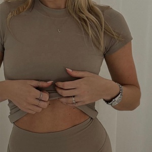 Abbigliamento sportivo Slim Fit Plain t-Shirt a vita alta Leggings Gym Wear da donna Casual <span class=keywords><strong>allenamento</strong></span> 2 pezzi camicia e set di pantaloni da Yoga - Product Image 5