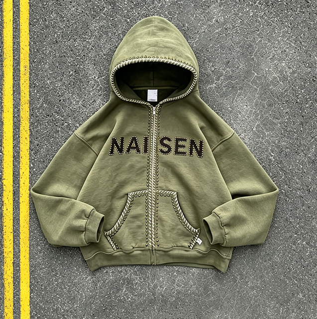 Custom Y2K Rhinestone Zip up Hoodie Men Heavyweight Oversized Full Zip Vintage Streetwear Sweatshirt Camouflage Uniform