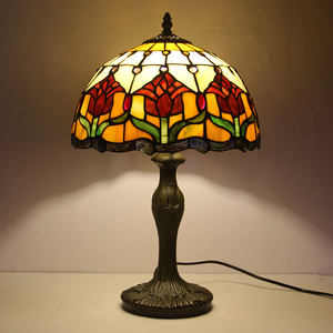 LongHuiJing Tulip Flower for Style Stained Glass LED Eco-Friendly <strong>Table</strong> <strong>Lamp</strong> Night Light 12-Inch Lampshade Metal <strong>Base</strong> Living - Product Image 1