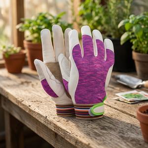 Gants de travail en cuir avec bouts des doigts texturés, bracelet élastique antidérapant, gants de sécurité polyvalents, manchette rayée rose et blanche - Product Image 3