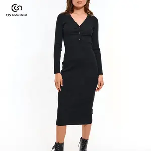 Fábrica OEM atacado knitwear mulheres vestido sexy noite botão para baixo vestidos pretos elegante slim vestido longo camisola de alta qualidade