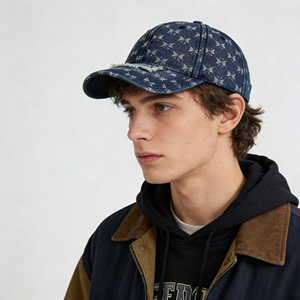Cappellino da Baseball Classico in Jeans Blu Effetto Usurato con Ricamo a Patch Monocromatico a Fiocco Disperso e Strass - Product Image 1