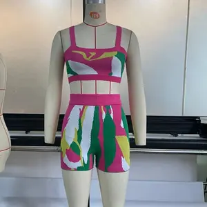 OEM Custom Design Floral Jacquard Knit Sets Square Neck Crop Top Shorts 2 Pieces Summer Flowers Knitted Suit Set