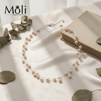Collier de mariage romantique plaqué platine, 3 rangs multicouches, fil de pêche, perles d'eau douce naturelles de 7-8 mm en forme de pomme de terre rose