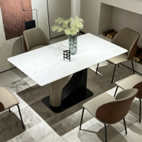 Table à manger moderne en pierre artificielle 2026 avec base en acier inoxydable, table à manger rectangulaire de luxe aspect marbre pour