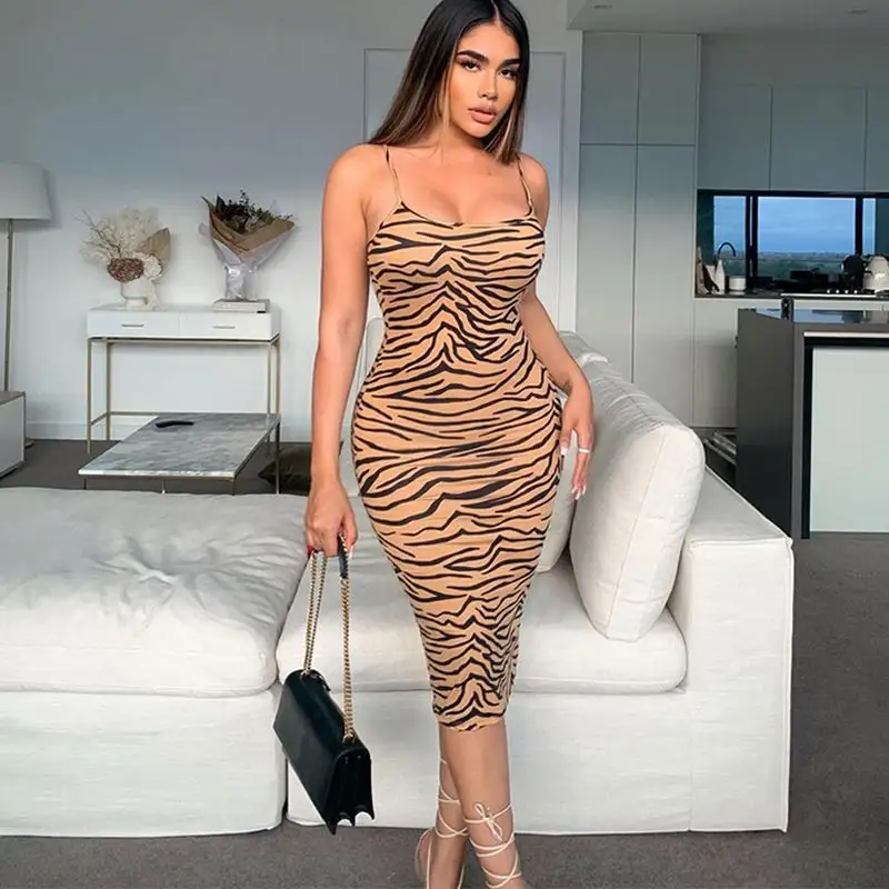 Tiger Print Sleeveless Tight Elegant Midi Dress 2024 Winter Fall Casual Fashion Club Apparel Women Wholesale Clothes