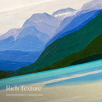 Peinture à l'huile semi-abstraite lac glacial, pics enneigés, eau turquoise, champ de couleur, montagne minimaliste, art mural sur toile