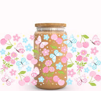 Gobelet Isotherme 16oz en Verre Motif Papillon Fleur de Cerisier Dessin Animé, Tasse à Café Glacé Pastel Libbey, Design Floral Mignon, Transfert Thermique