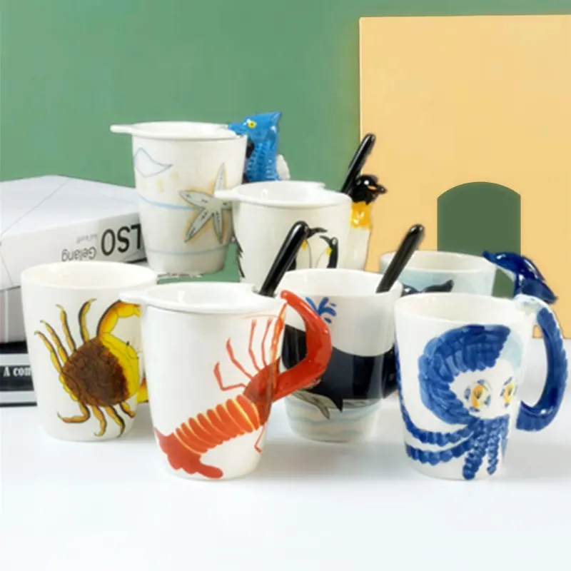 Taza de cerámica de animales marinos para niños, taza de agua de dibujos animados para desayuno, oficina, pulpo, ballena, cangrejo, té y café