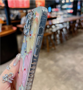 Funda para iPhone 16 Pro Max con Diseño de Flor Estilo Pintura al Óleo con Puntos de Luz Azul y Diamantes, Cubierta Trasera con Lente de Purpurina para Celular, Compatible con 15 14 13 12 Pro 11 - Product Image 6