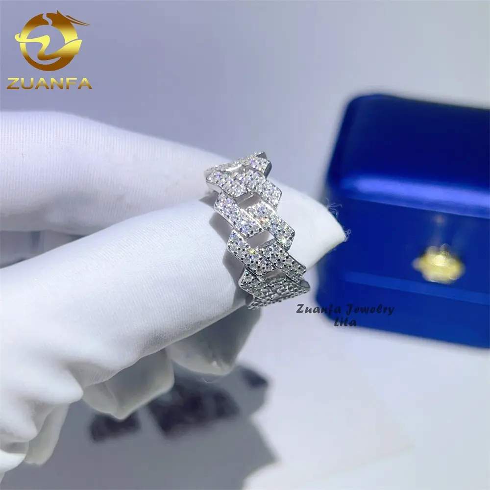Groothandel Fabriek Prijs Moissanite Sieraden 925 Zilver Ijskoud 2 Rij Diamant Cubaanse Ringen Hiphop Moissanite Ring