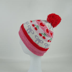 Bonnet en tricot jacquard mignon pour enfants avec pompon - Certifié OEKO-TEX, motif cerise et cœur, doublure polaire, chapeau d'hiver chaud pour filles - Product Image 3