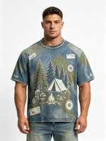 T-shirt Homme Streetwear Lavé Coupe Boxy Courte Oversize Épaisse Vintage à Ourlet Brut Manches Courtes Effet Usé et Déchiré