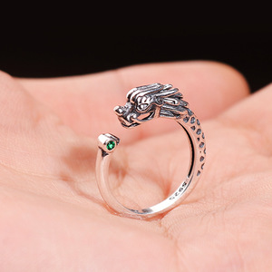 Bague Vintage en Argent avec Tête de Dragon Sculpté, Ouverture Réglable, <span class=keywords><strong>Goth</strong></span>, Rétro Animal Anneaux Hip Hop Plaqué Argent pour Femmes et Hommes - Product Image 3