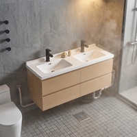Meuble-lavabo rectangulaire moderne en contreplaqué avec vasque en céramique, égouttoir en acier inoxydable et finition résistante à l'eau pour mobilier de salle de bain d'hôtel