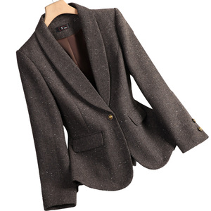 Women's Woolen Blazer Grey Solid Color Warm Slim Fit Autumn Winter Suit Pocket Design - Product Image 5
