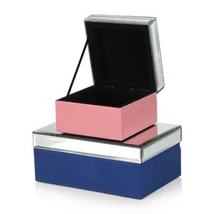 Blue and pink Faux leather rectangle Storage stackable jewelry storage box organizer with mirrored top lid