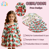 Robe décontractée personnalisée à col rond pour petite fille, à manches longues, avec ourlet en dentelle, boutons et imprimé sapin de Noël