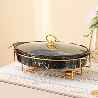 Nouveau produit casserole ovale en or marbré céramique buffet pot à soupe avec support en fer