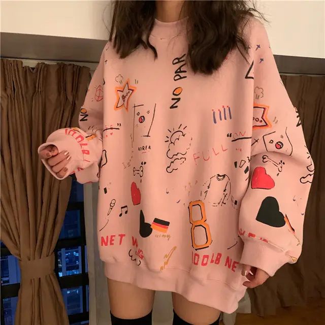 Harajuku Oversized Hoodie Sweatshirt Women Autumn Doodling Print Hoodies Long Sleeve Pullover Loose Cute Funny Hoodie