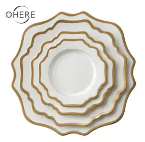 wholesale porcelain Gold rim dinner set luxury dessert tray wedding hotel decoration white flower dishes ceramic tableware