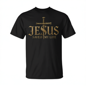 Camiseta con estampado de Jesús salvó mi vida para hombre, color negro y dorado - Product Image 2
