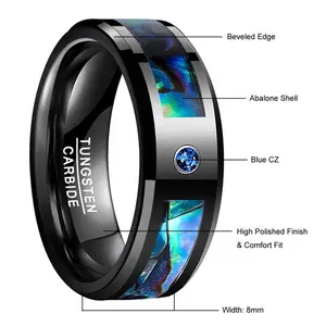 POYA, черное вольфрамовое кольцо с инкрустацией в виде морской оболочки, 8 мм, обручальное кольцо с синим сапфиром для мужчин