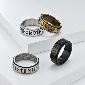 Nordic Viking Script <b>Titanium</b> Steel <b>Ring</b> For Men Antique Silver Gold <b>Black</b> Letter Design Index Finger Jewelry Gift - Product Image 1