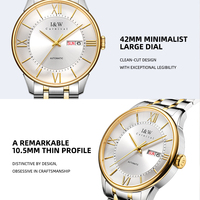 Montre automatique élégante pour homme I&W, cadran blanc, chiffres romains, boîtier bicolore, jour et date, bracelet en acier inoxydable, montre mécanique