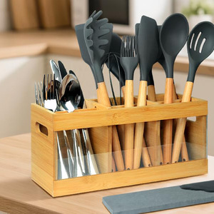 Caja de almacenamiento de cubiertos de bambú con compartimentos, organizador de cocina multifunción para espátula, cuchillo, tenedor y vajilla - Product Image 3