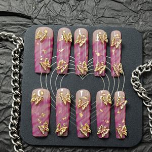 Prix usine de gros Faux ongles de luxe faits à la main en acrylique à presser, avec strass, forme carrée, motif French manucure 3D à couverture complète - Product Image 2