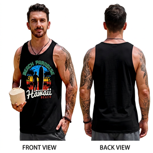 <b>Men's</b> <b>Black</b> Beach Paradise Printed Tank Top O-Neck Casual Sleeveless Breathable Polyester <b>Vest</b> Front Logo Design - Product Image 2