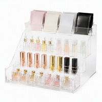Présentoir cosmétique personnalisé en acrylique transparent, organisateur de maquillage à plusieurs niveaux, étagère de comptoir pour soins de la peau et parfums avec panneau logo