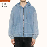 Sweat à capuche zippé oversize en denim délavé pour homme, épais, décontracté, vintage, personnalisé, effet vieilli