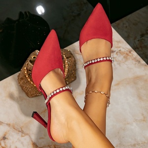 Chaussures de mariée pour femmes, ornées de cristaux, à bout pointu, talons hauts, imperméables, rouges, élégantes, sexy et simples pour l'été - Product Image 2