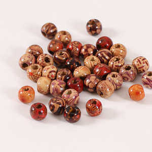 Wooden <b>Beads</b> 9x10mm Round <b>Large</b> Hole Painted Patterned For Jewelry Making 100pcs Pack - Product Image 1