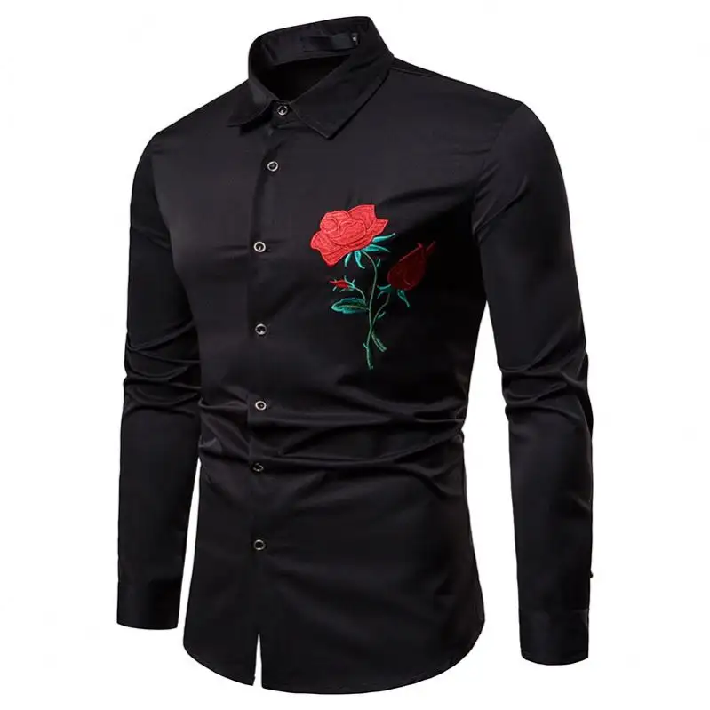 2023 nouveaux hommes célèbre Style Rose brodé revers Gentleman élégant grande taille à manches longues chemise en gros