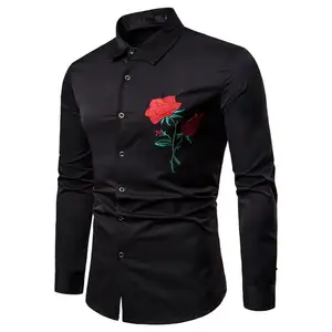 2023 New Men's Famous Style Rose Embroidered Lapel Gentleman Elegant Large Size Long Sleeve Shirt Wholesale