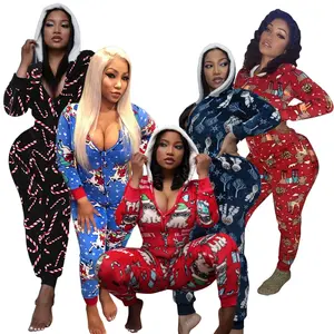PZF H7926 Hot selling Christmas home wear with hooded V-neck jumpsuit adult onesie for women