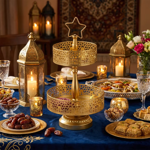 Plateau de service à dessert en métal plaqué or personnalisé à 2 niveaux pour Ramadan et Eid Mubarak, motif château islamique, lune et étoile, fournisseur de décoration de table pour fête - Product Image 1