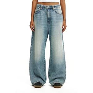 Jean baggy taille basse pour femme de haute qualité, coupe large, délavage bleu vintage, en denim - Product Image 1