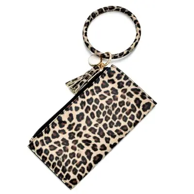 D1967 Frauen Schlüssel Kette Schmuck PU Leder Geldbörse Leopard Sonnenblumen Brieftasche Schlüsselring Armreif Quaste Armband Schlüsselbund Brieftasche