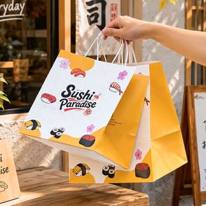Sacs à emporter en papier kraft personnalisés avec logo de restaurant, recyclables, laminés, écologiques, avec poignée pour les sushis - Product Image 3