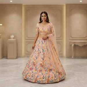 Prix d'usine OEM Tissu en filet brodé floral de qualité supérieure Matériaux recyclés Protection solaire Lehenga Choli Traditionnel Indien - Product Image 1