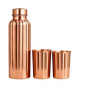 Modern Copper <b>Water</b> <b>Bottle</b> with Lid and 2 Cups Set Ribbed Fluted <b>Metal</b> Drinkware Modern Portable - Product Image 1